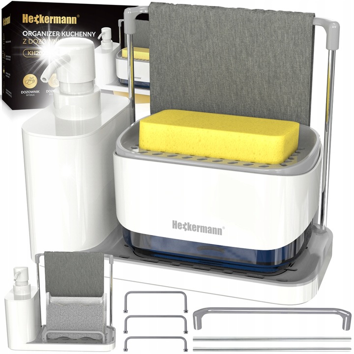 Dozator lichid de spalat vase Heckermann cu burete si organizator alb-gri 21.5x17.5x10cm