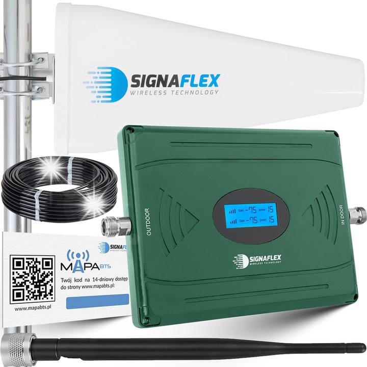 GSM/UMTS/DCS 4G LTE jelerősítő 20 dBi irányított antennával, komplett szett, katonai zöld