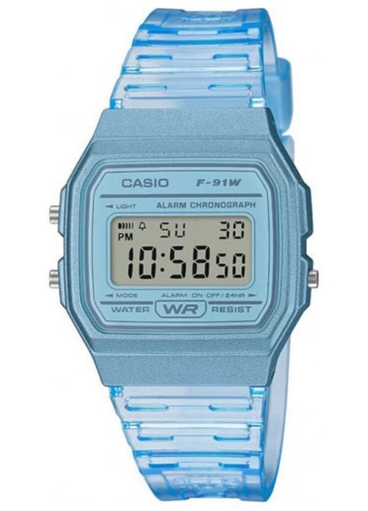 Ceas Unisex Casio Retro Vintage F-91WS-2, mecanism quartz, waterproof 30m, culoare albastra, dimensiuni 33x8mm