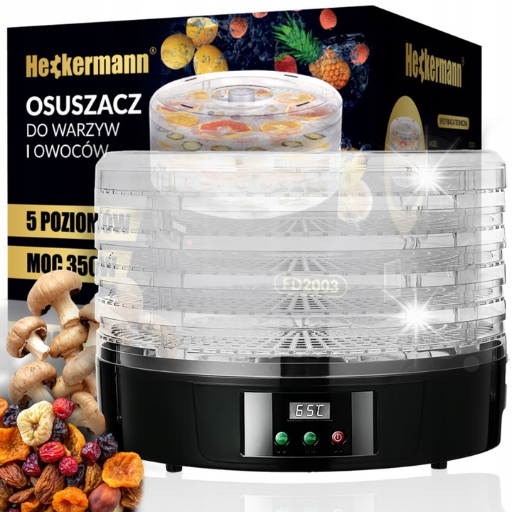 Aparat electric pentru fructe si legume Heckermann FD2003, 350W, 5 etaje, temperatura 35-70°C, transparenta