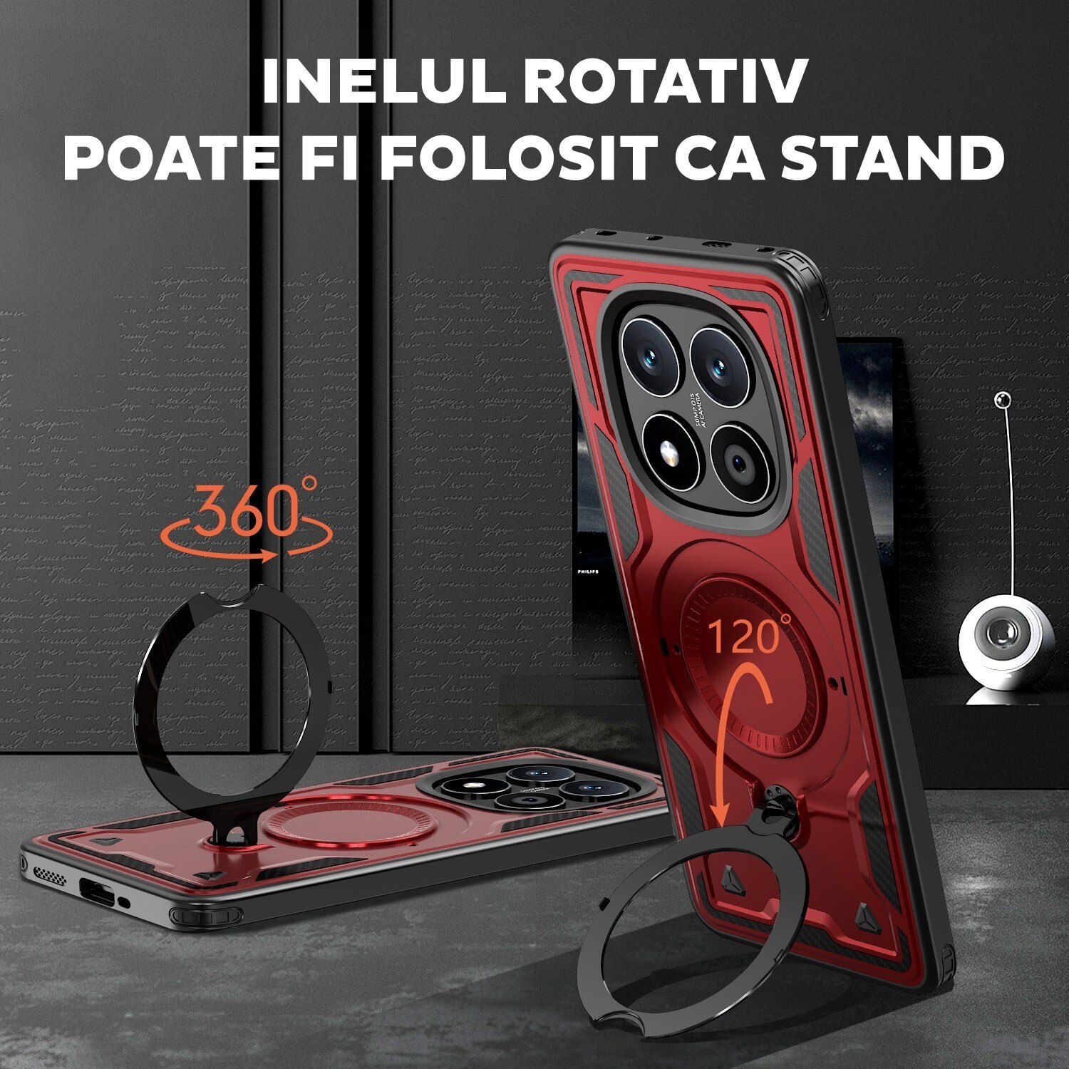 Husa pentru Xiaomi Redmi Note 14 Pro 5G Daden® Hybrid Armor, MagRing, Antisoc, MagSafe, Inel rotativ, Calitate Premium, Rosu
