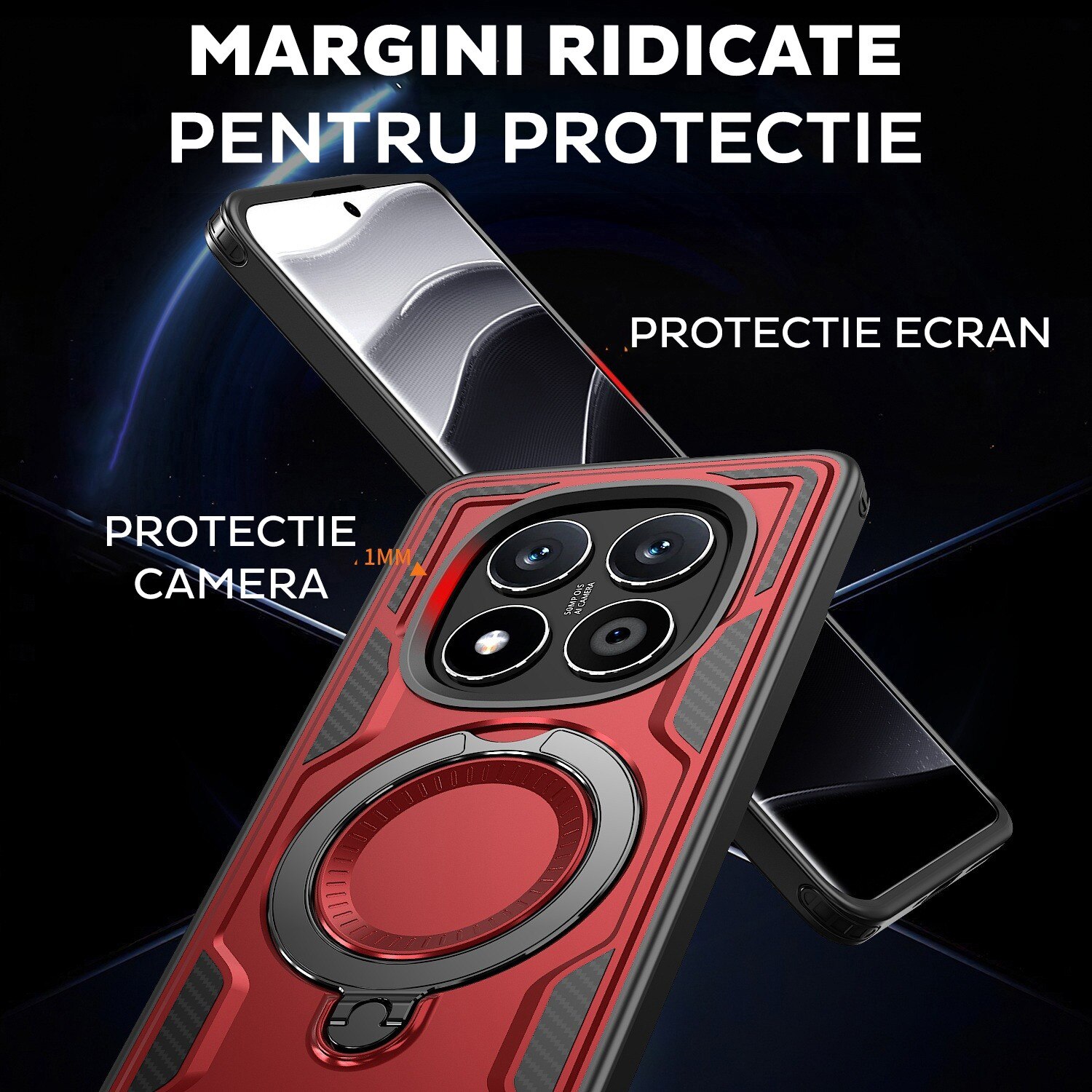 Husa pentru Xiaomi Redmi Note 14 Pro 5G Daden® Hybrid Armor, MagRing, Antisoc, MagSafe, Inel rotativ, Calitate Premium, Rosu