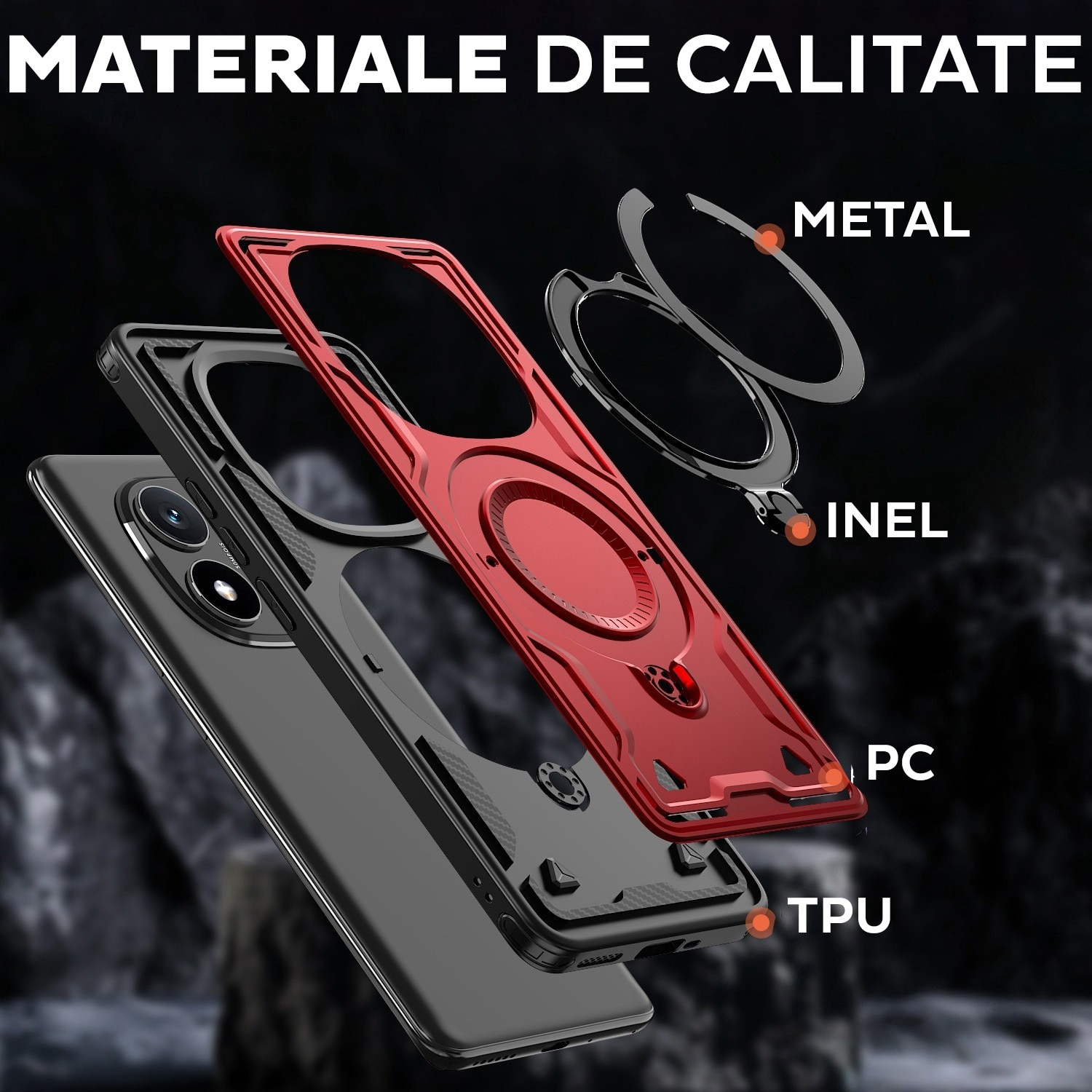 Husa pentru Xiaomi Redmi Note 14 Pro 5G Daden® Hybrid Armor, MagRing, Antisoc, MagSafe, Inel rotativ, Calitate Premium, Rosu