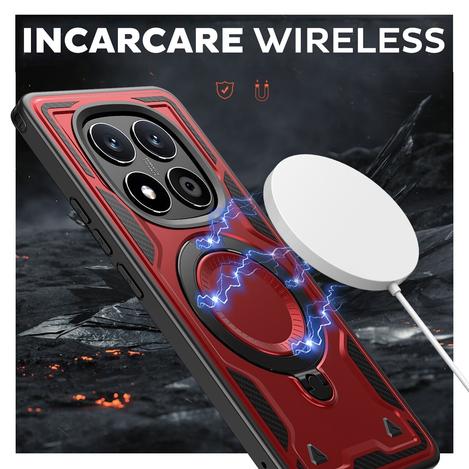 Husa pentru Xiaomi Redmi Note 14 Pro 5G Daden® Hybrid Armor, MagRing, Antisoc, MagSafe, Inel rotativ, Calitate Premium, Rosu