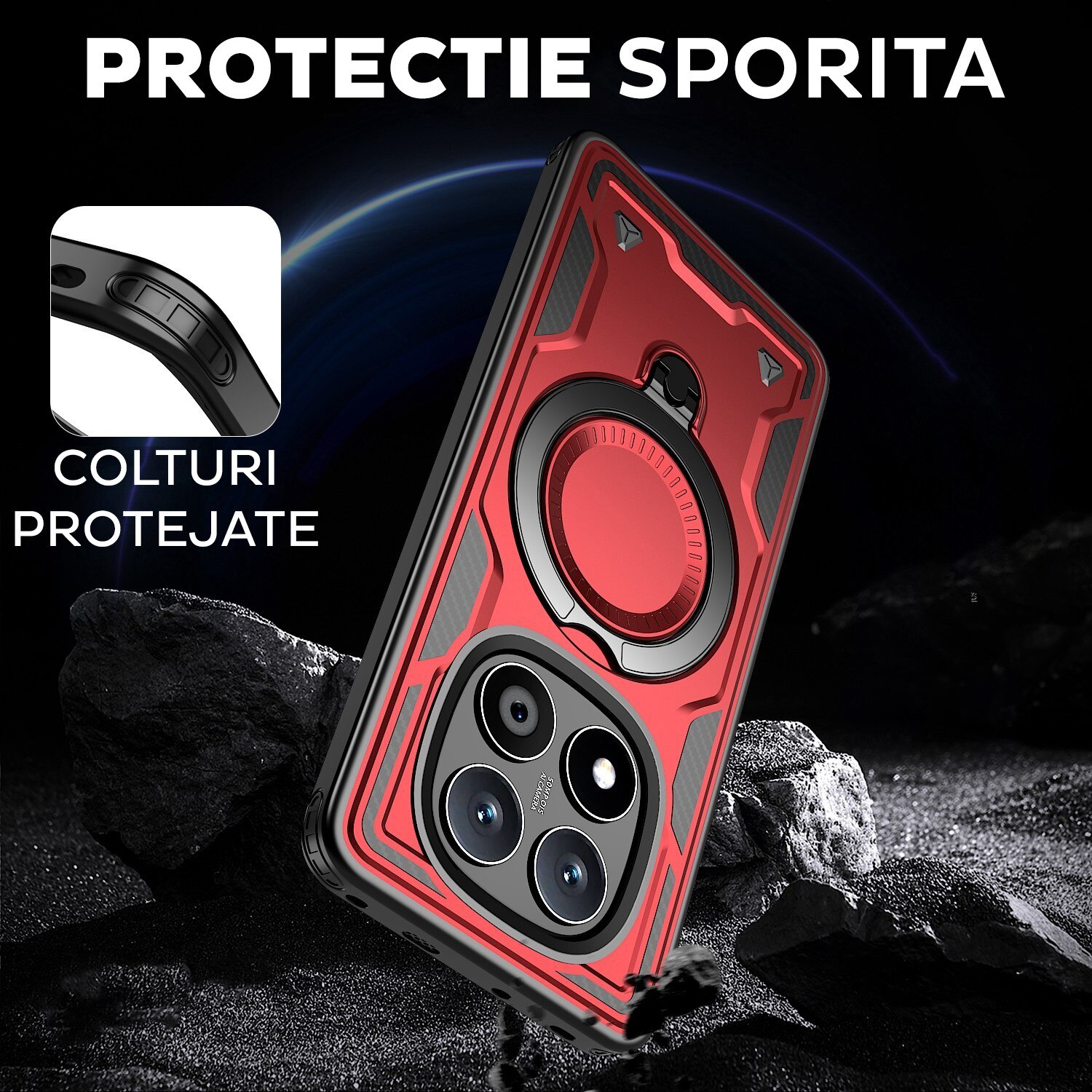 Husa pentru Xiaomi Redmi Note 14 Pro 5G Daden® Hybrid Armor, MagRing, Antisoc, MagSafe, Inel rotativ, Calitate Premium, Rosu