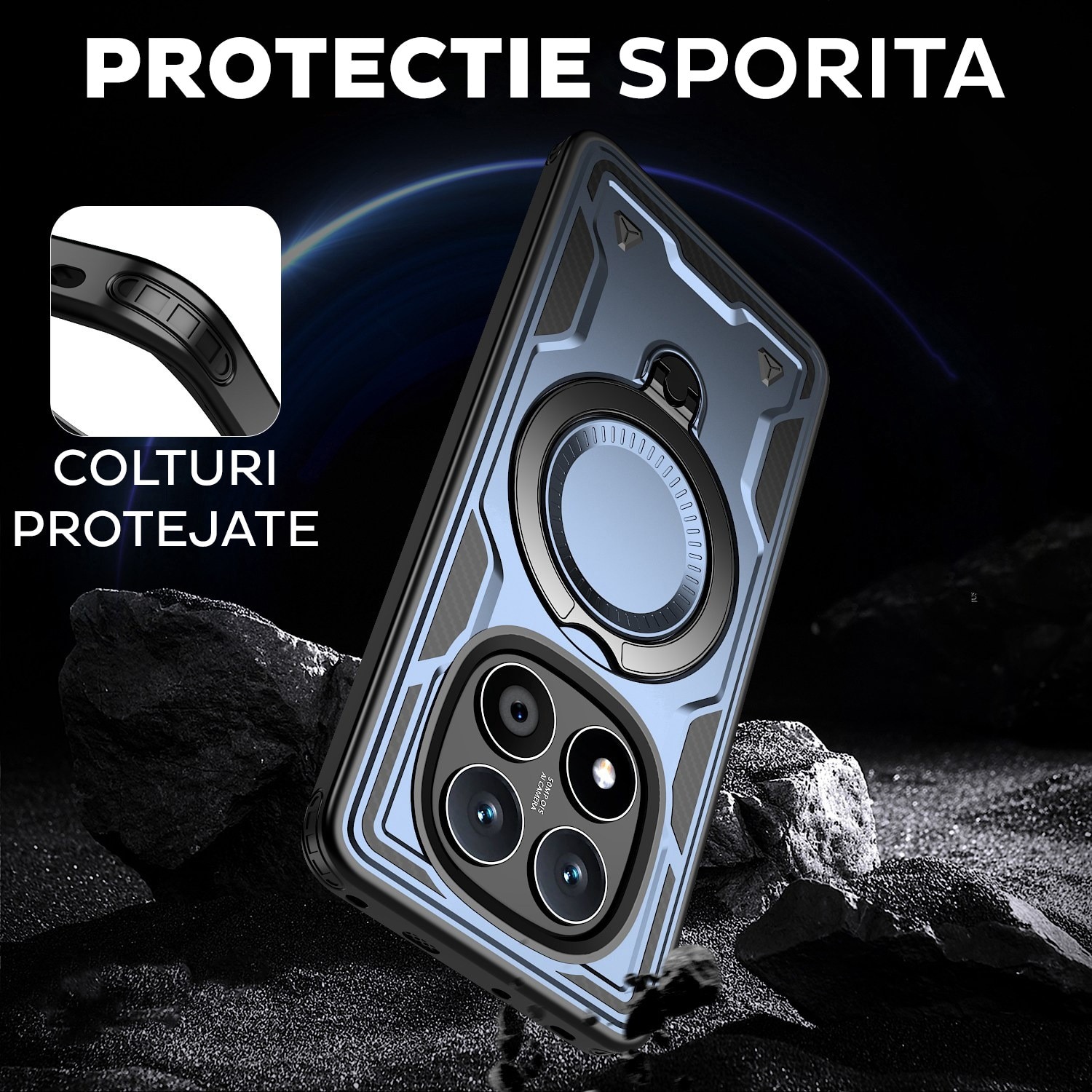 Husa pentru Xiaomi Redmi Note 14 Pro 5G Daden® Hybrid Armor, MagRing, Antisoc, MagSafe, Inel rotativ, Calitate Premium, Albastru