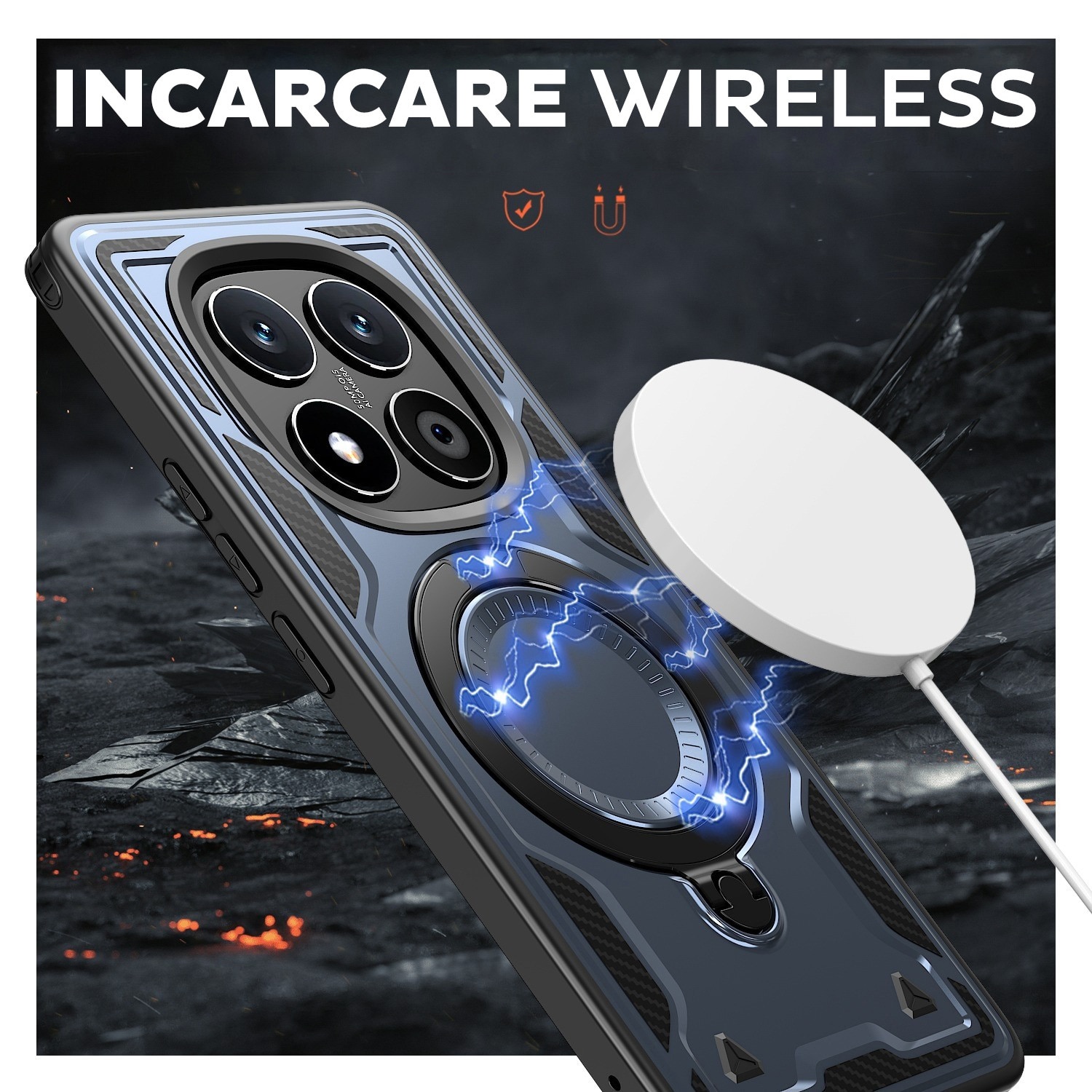 Husa pentru Xiaomi Redmi Note 14 Pro 5G Daden® Hybrid Armor, MagRing, Antisoc, MagSafe, Inel rotativ, Calitate Premium, Albastru