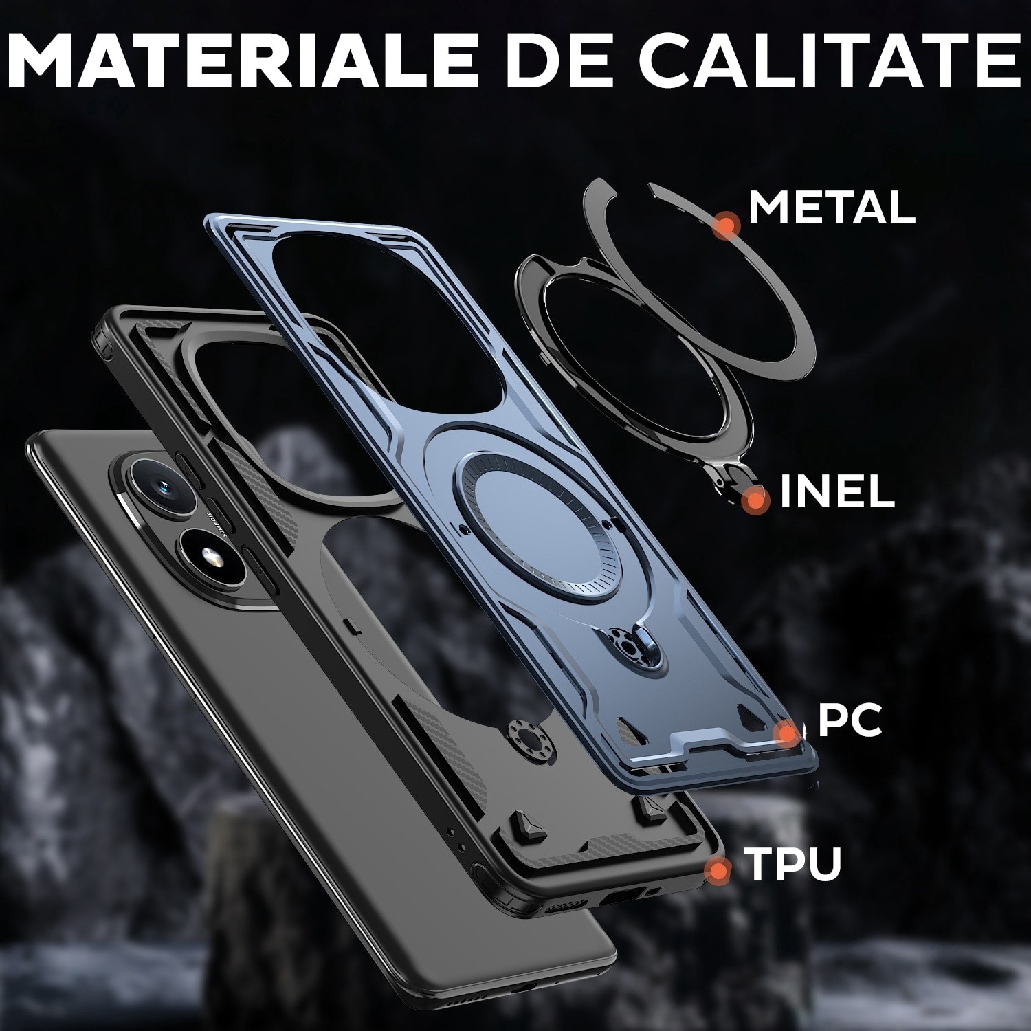 Husa pentru Xiaomi Redmi Note 14 Pro 5G Daden® Hybrid Armor, MagRing, Antisoc, MagSafe, Inel rotativ, Calitate Premium, Albastru