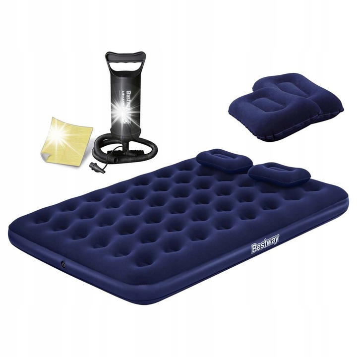 Надуваем матрак Bestway 203x152x22см син с ръчна помпа и комплект от 2 възглавници