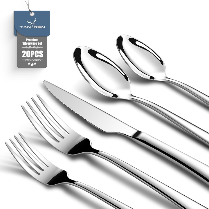 Set De Tacamuri Din Otel Inoxidabil Tan Ren Pentru 4 Persoane, Set De Tacamuri Cu 20 De Piese Si Cutit Pentru Friptura, Vesela Eleganta Cu Set De Cutit, Furculita Si Lingura, Set De Tacamuri Pentru Bucatarie/Restaurant
