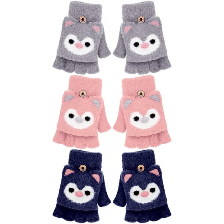 Set 3 perechi manusi fara degete pentru copii, design cu urs, marime medie, multicolor
