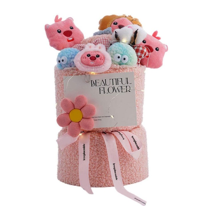 Buchet de plus cu jucarie, multicolor, 35x25x15cm, cu lumini