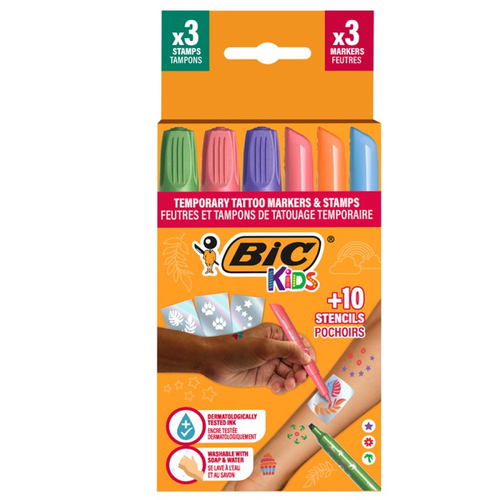 Marker Tattoo Kids Set 3 Markere + 3 Stampile + 10 Sabloane Bic