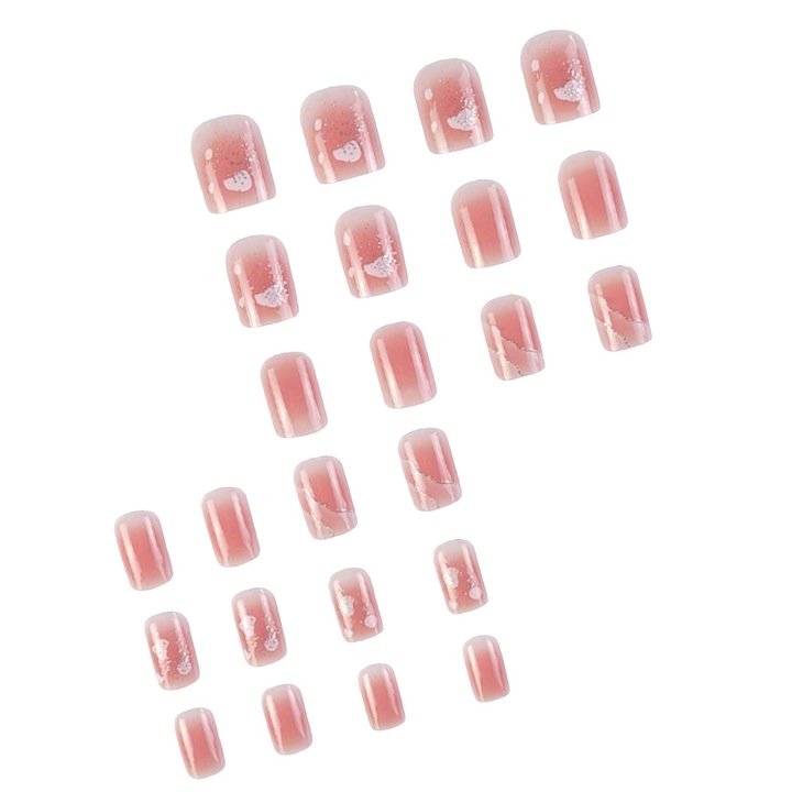 Rózsaszín, márvány mintás, rövid, kocka műköröm szett, 24 darab