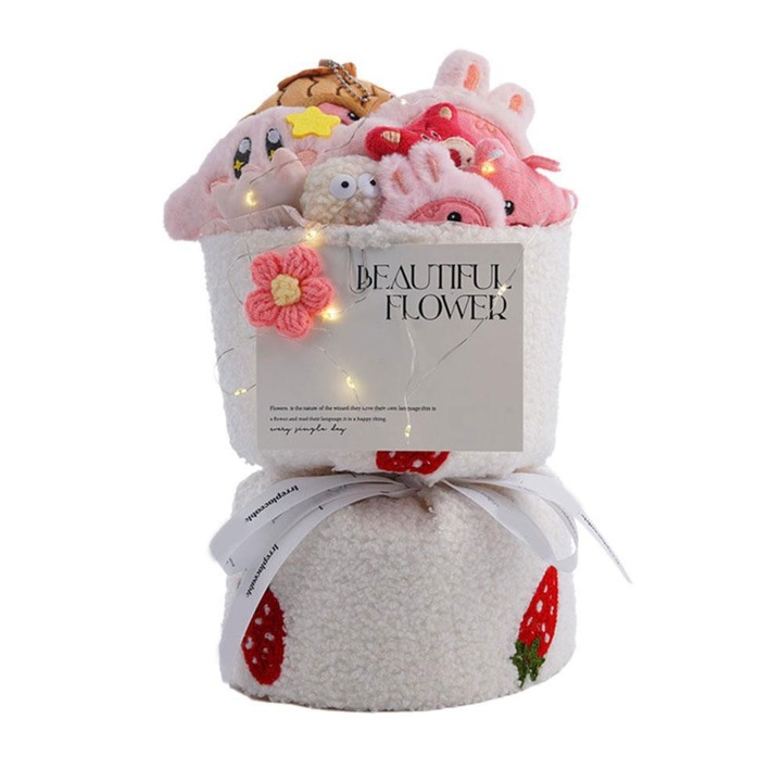 Buchet de plus cu jucarie, alb si roz, 35x25x15cm, cu lumini