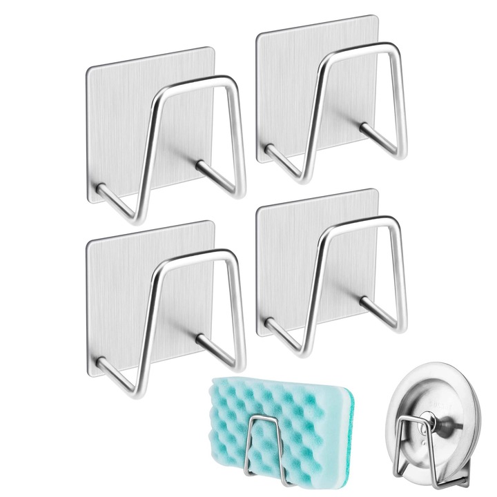 Поставка за гъби за миене на съдове, комплект 4 броя, неръждаема стомана, устойчива на ръжда, самозалепваща се, размери 4.9x4.9x3.3см, сребрист