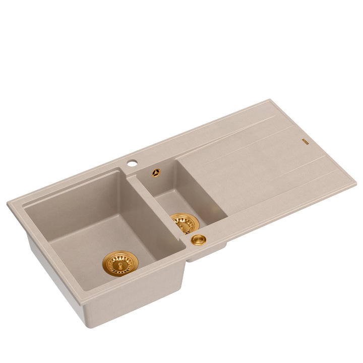 Chiuveta Quadron Evan 156 cu 1, 5 cuve 100x50x21cm bej cu sifon cupru