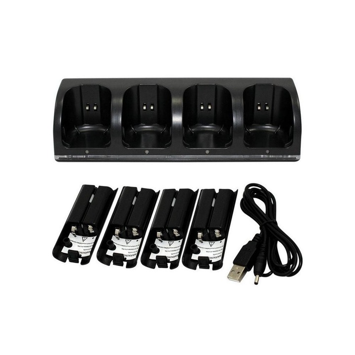 Statie de incarcare 4 in 1 pentru controlere Wii, 4 baterii reincarcabile, alb/negru, set