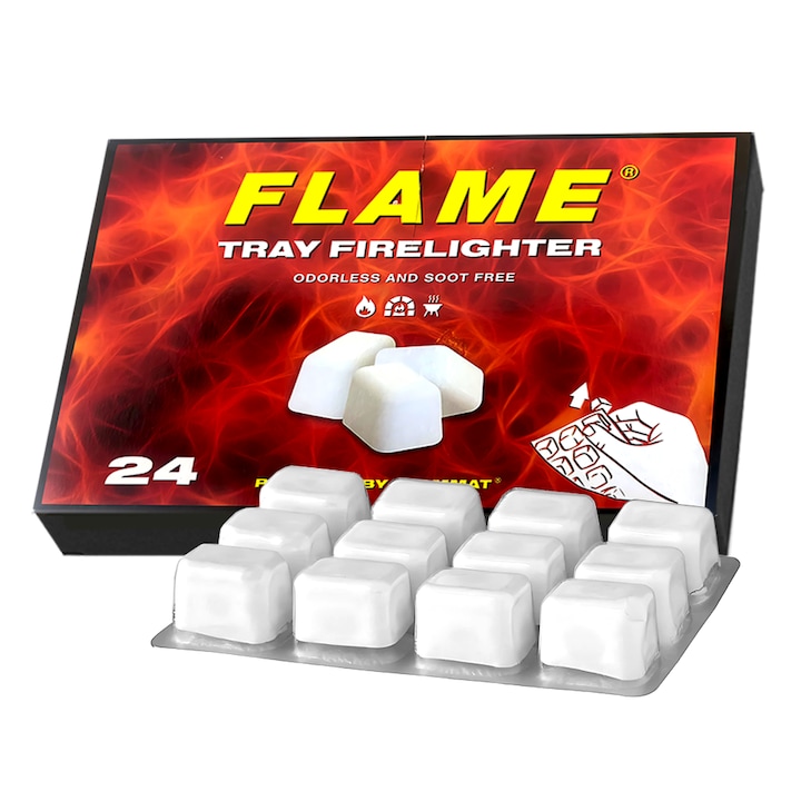 Set 24 Cuburi pentru Aprins Focul Teno®, pastile aprinzatoare infoliate, fara miros, timp indelungat de ardere de 8+ minute, incalzire centrala, seminee, sobe, camping, drumetii