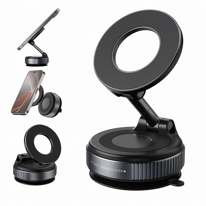 Универсална стойка за телефон Bervolo® MagSafe, Vacuum Ultra Fix, въртяща се на 360°, двойно закрепване с нано-гел и вакуумна вендуза, монтаж върху всякаква повърхност