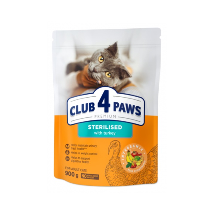Hrana uscata completa Club 4 Paws Premium pentru pisici sterilizate - cu carne de curcan, 900g