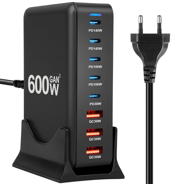 Зарядна станция 600W GaN3 8 в 1, Rqiurpn, 5 USB-C PD (до 140W) и 3 USB-A QC3.0, компактна със смартфон, лаптоп, Samsung Galaxy, Apple, компактна, преносима, множество защити, черна