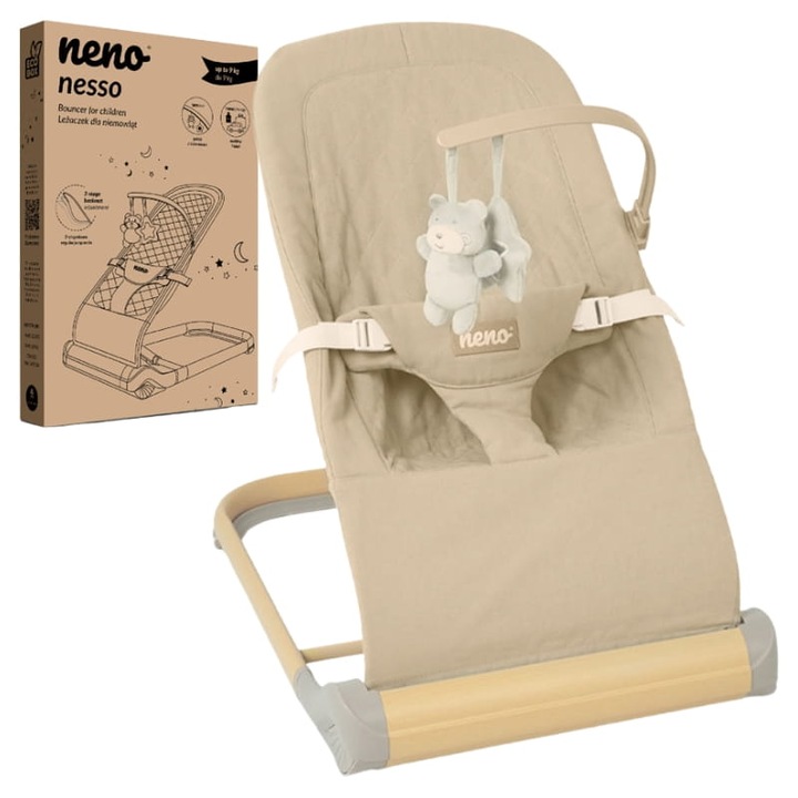 Gyerekfotel, Neno, Nesso, Ülés anyaga 100% pamut, Poliészter bélés, 3 fokozatú háttámlaállítás, 3 pontos biztonsági övek, Csúszásgátló talp, Maximális gyermeksúly 9 kg-ig, 71 x 47 x 62 cm, Krémszínű