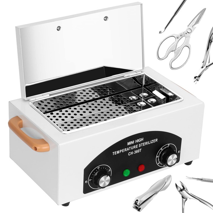 Sterilizator pentru Salon 300 W, Bedee, Sterilizator cu Aer Cald, 220 grade celsius, Reglaj temperatura, Functie timer, pentru instrumente de unghii, instrumente cosmetice, instrumente de coafura, salon de infrumusetare, 31x18x14cm, Alb
