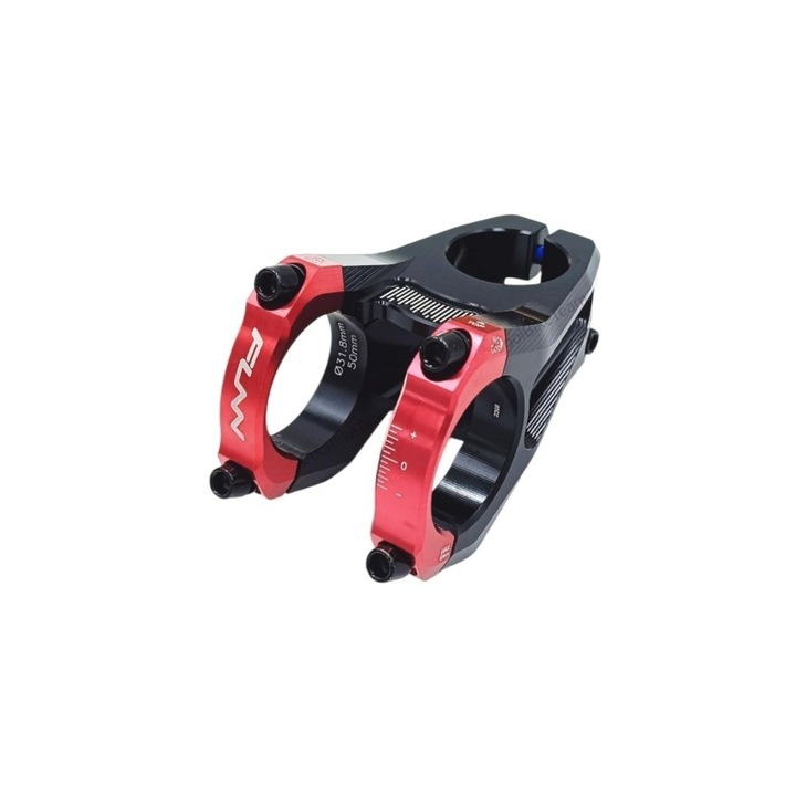 Стебло за еквалайзер Funn, Alu.6061 - изцяло CNC, 31, 8 мм, 0, 1-1/8 повдигане, удължение: 50 мм, черно тяло / червена скоба, AM