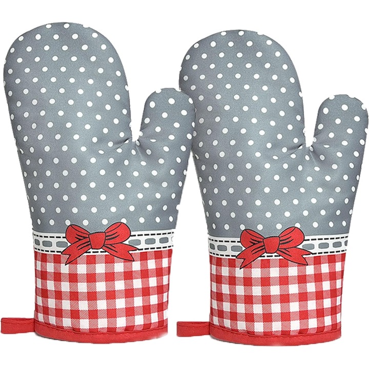 Konyhai kesztyűk, szürke piros, 2 darabos készlet, hőálló, 27x16cm