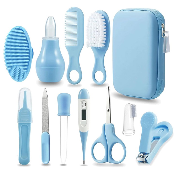Momcbebe babaápolási készlet, Rqiurpn, körömvágó, olló, körömreszelő, csipesz, orrszívó, Safe Design, kék