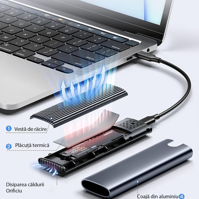 Rack extern SSD M.2, Rqiurpn, Tool-Free, 10Gbps USB 3.2 Gen 2, suporta ...