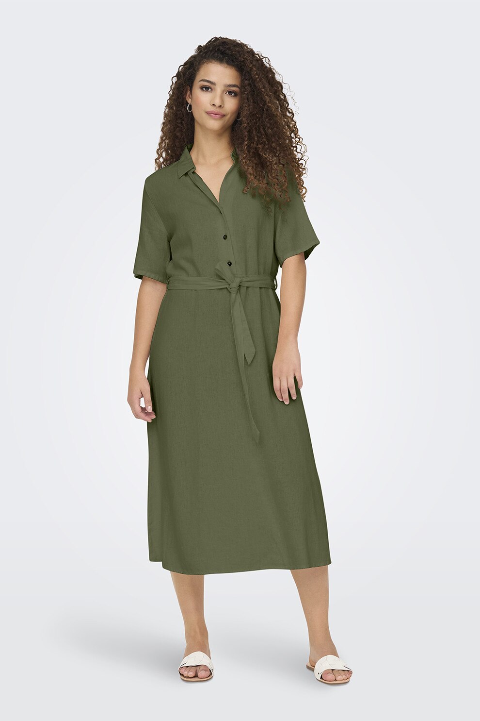 JdY, Rochie-camasa din amestec de in cu un cordon in talie, Verde feriga, S