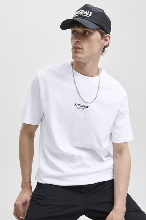 Jack & Jones, Tricou de bumbac organic cu text, Negru/Alb optic