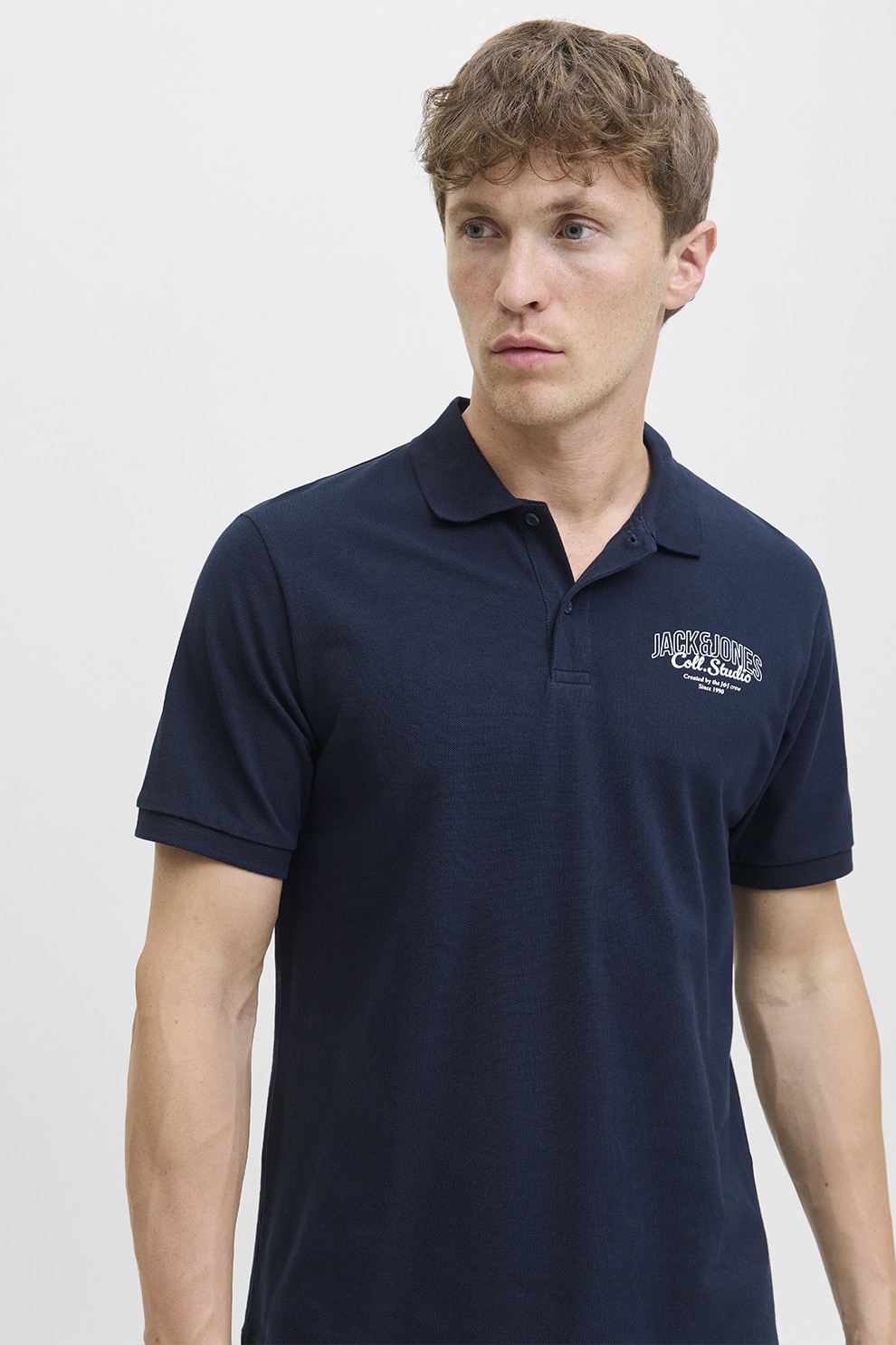 Jack & Jones, Tricou polo de bumbac pique, Alb murdar, Bleumarin, L