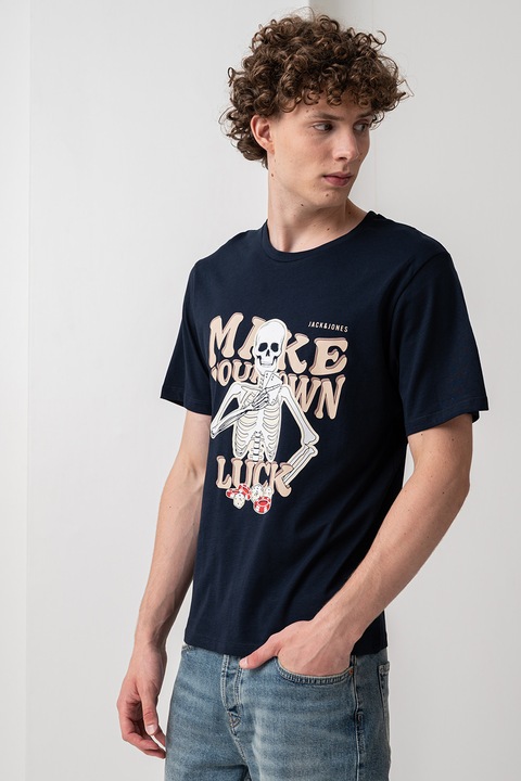Jack & Jones, Kerek nyakú mintás póló, Csontszín/Sötétkék/Bézs