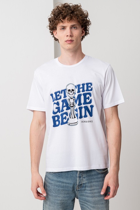 Jack & Jones, Kerek nyakú mintás póló, Fehér/Sötétkék