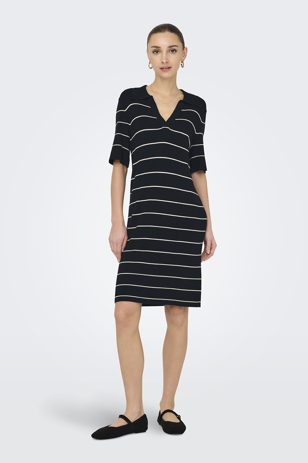 JdY, Rochie dreapta cu guler, Negru, Alb murdar, M