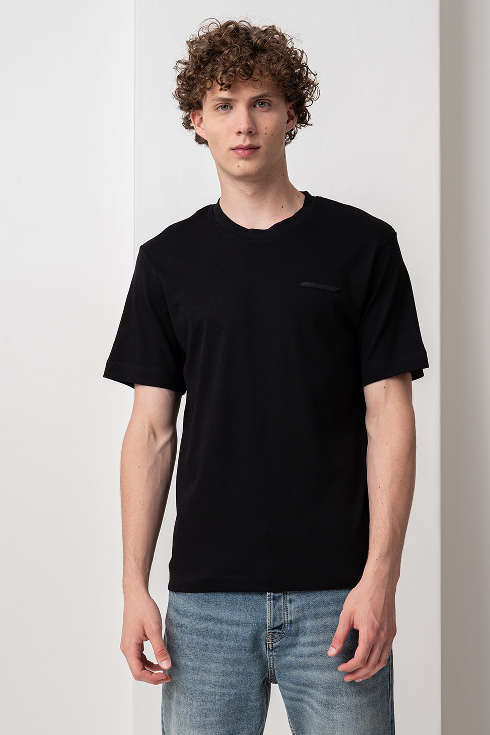 Jack & Jones, Tricou din bumbac cu decolteu la baza gatului, Negru, S