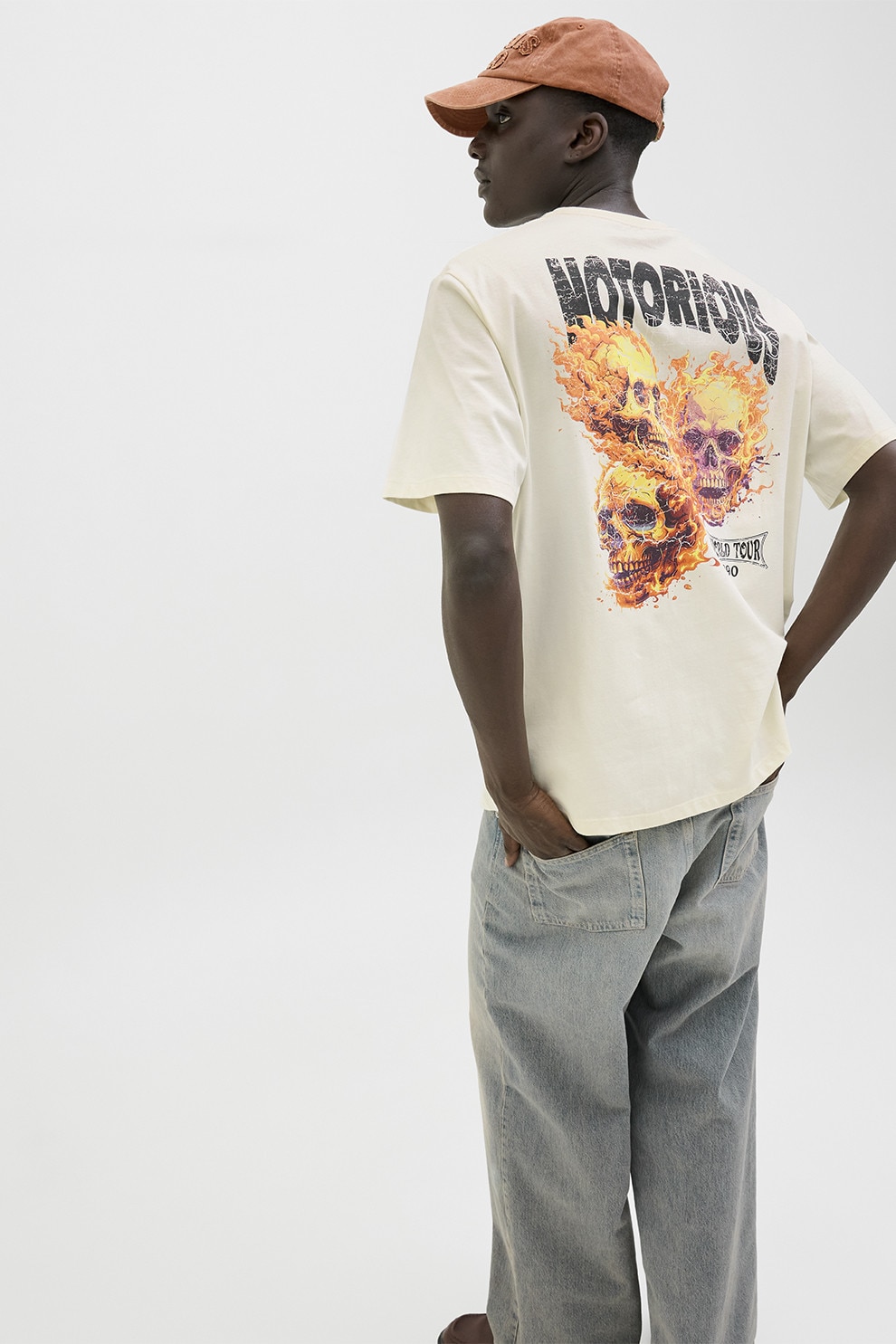 Jack & Jones, Tricou lejer de bumbac cu imprimeu grafic si text, Portocaliu, Negru stins, Alb murdar, L