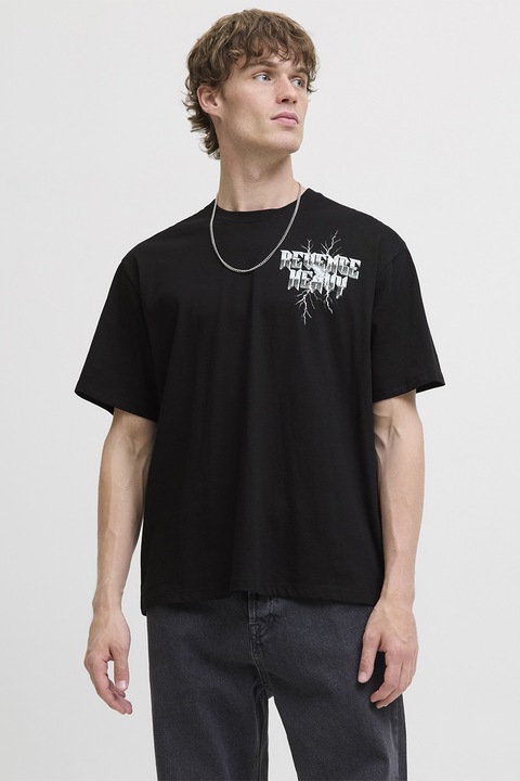 Jack & Jones, Tricou lejer de bumbac cu imprimeu grafic si text, Albastru pastel/Negru/Alb optic