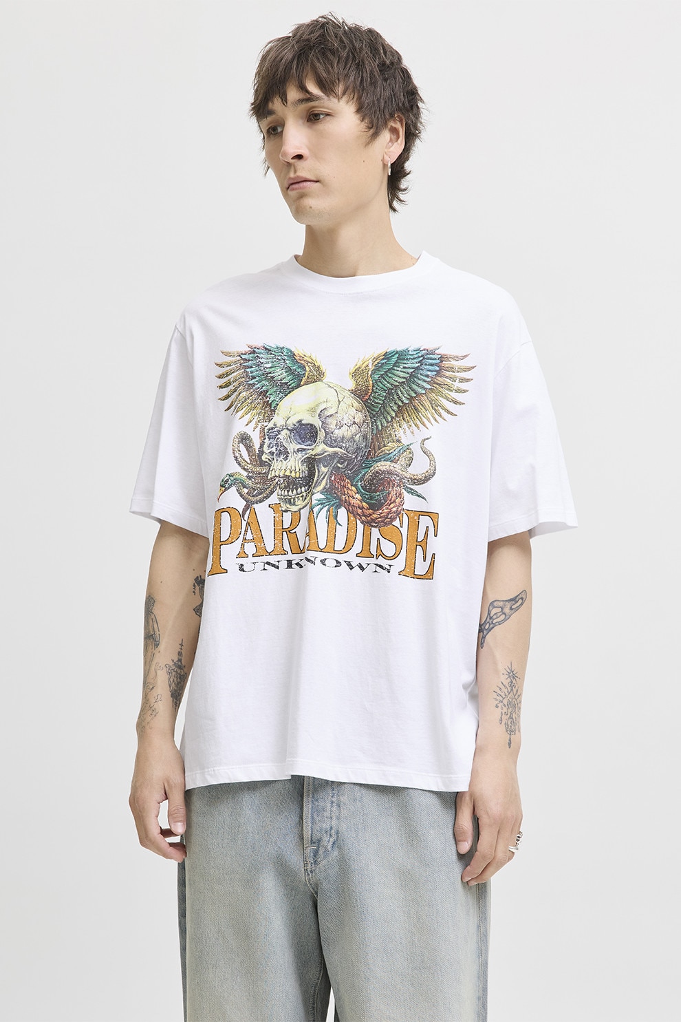 Jack & Jones, Tricou lejer de bumbac cu imprimeu grafic si text, Albastru pal, Maro Ocru, Alb optic, XL