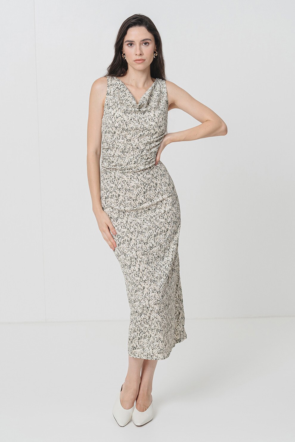 Vero Moda, Rochie midi cu decolteu drapat, Alb, Verde, M