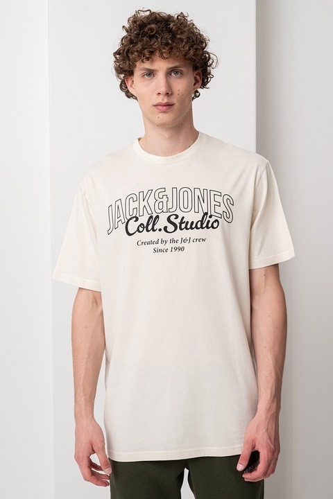 Jack & Jones, Logómintás pamutpóló, Csontszín/Fekete, 2XL