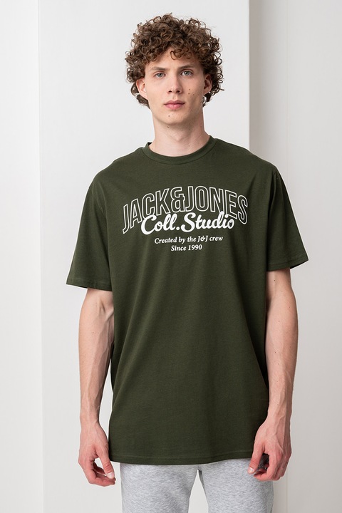 Jack & Jones, Logómintás pamutpóló, Fehér/Sötétzöld, 2XL