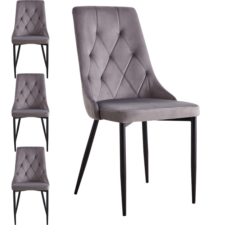 Set 4 Scaune Tapitate Viking, catifea gri, metal negru, 96x45x47 cm