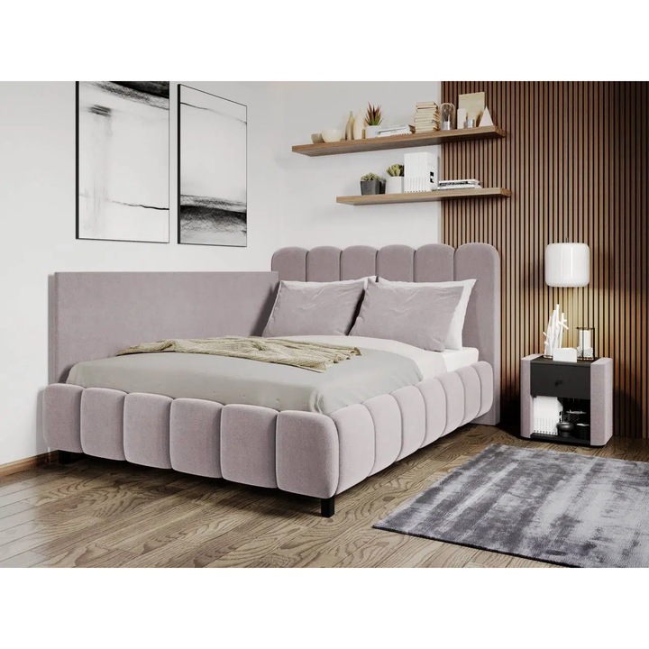 Pat Tapitat de colt, Bari cu Somiera fixa, 140x200, Roz/Velluto 14