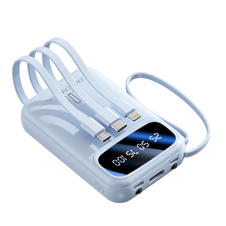 Baterie Externa 10000 mAh Incarcare Rapida Compatibil cu toate dispozitivele, Cablu integrat, Albastru, 10x7x2cm