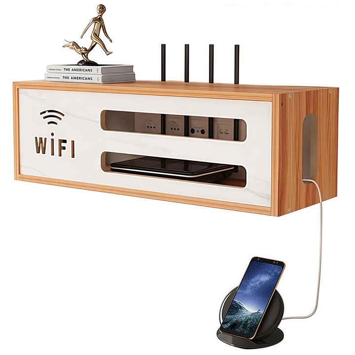 Кутия за съхранение за WiFi рутер, Morovan, за стенен монтаж, MDF, кафява