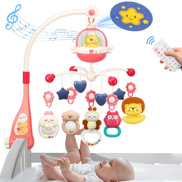 Morovan kiságy körhinta éjszakai fényekkel és zenével, projektorral, távirányítóval, forgatható, babáknak, rózsaszín